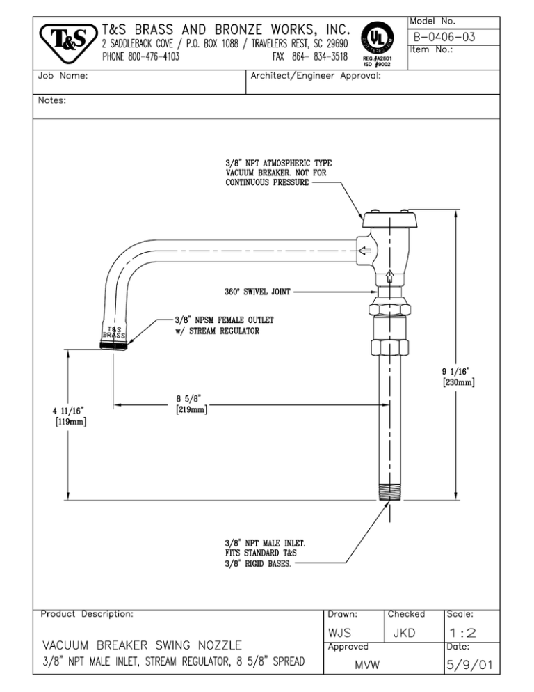 T & S Brass & Bronze Works B-0406-03 User manual T & S Brass & Bronze Works B-0406-03 User manual