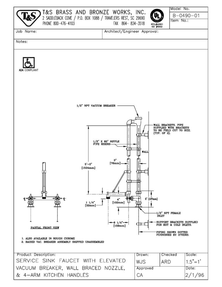 T & S Brass & Bronze Works B-0490-01 User manual T & S Brass & Bronze Works B-0490-01 User manual