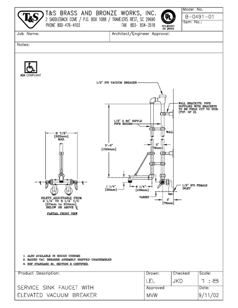 T & S Brass & Bronze Works B-0491-01 User manual T & S Brass & Bronze Works B-0491-01 User manual