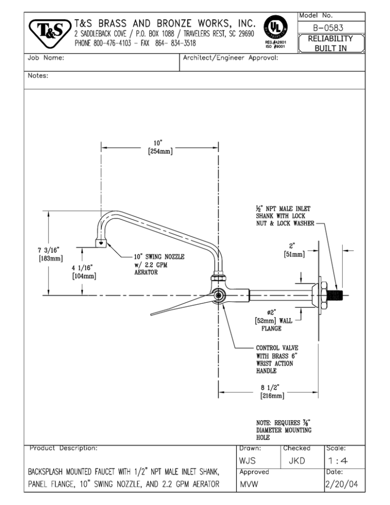 T & S Brass & Bronze Works B-0583 User manual T & S Brass & Bronze Works B-0583 User manual