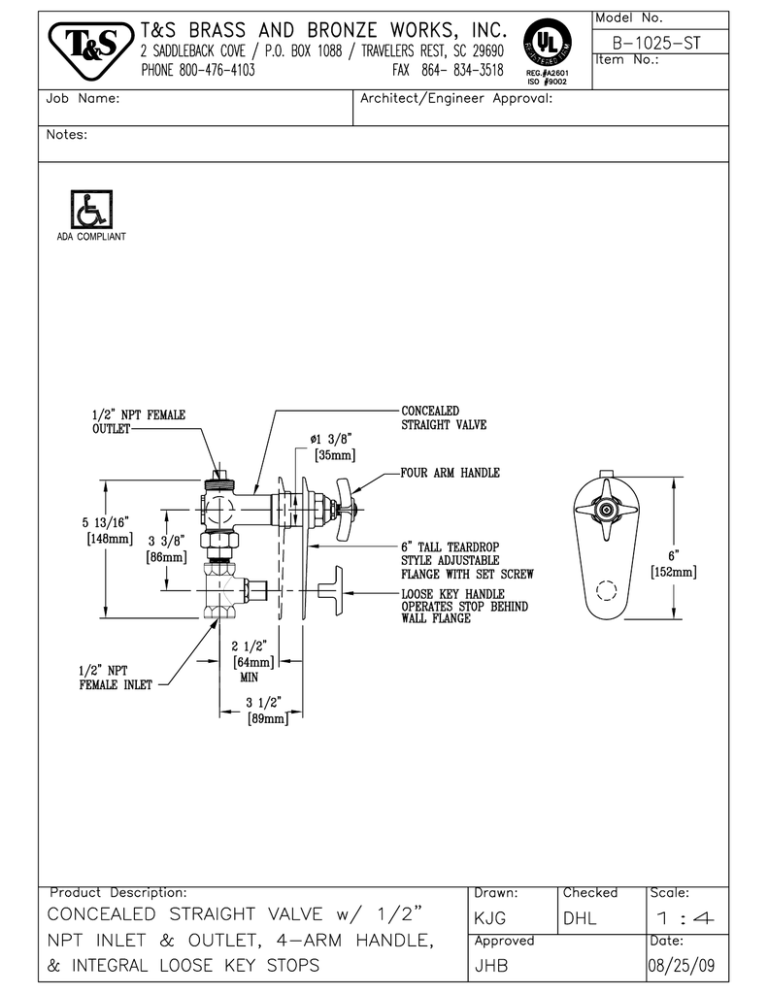 T & S Brass & Bronze Works B-1025-ST User manual T & S Brass & Bronze Works B-1025-ST User manual