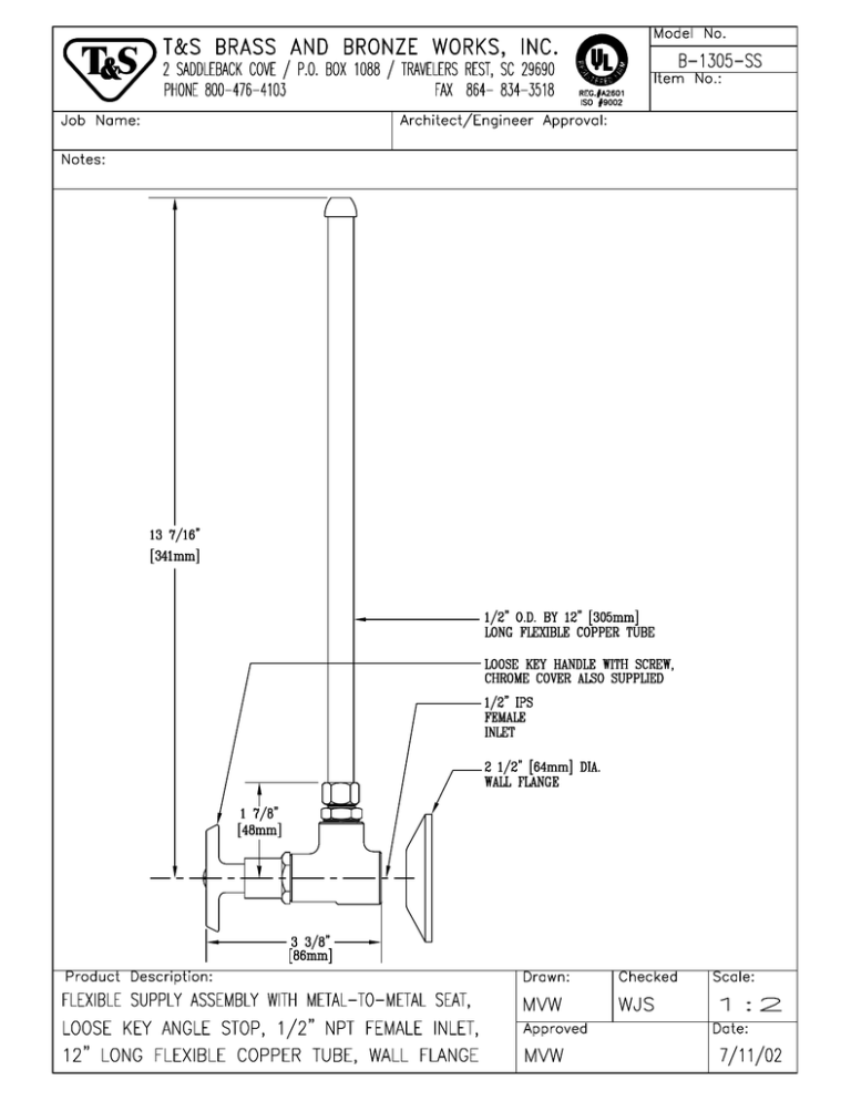 T & S Brass & Bronze Works B-1305-SS User manual T & S Brass & Bronze Works B-1305-SS User manual