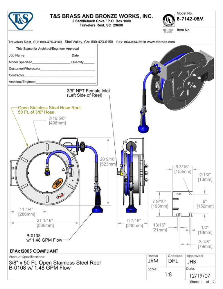T & S Brass & Bronze Works B-7142-08M User manual T & S Brass & Bronze Works B-7142-08M User manual