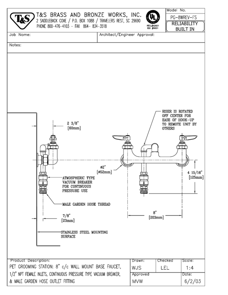 T & S Brass & Bronze Works PG-8WREV-FS User manual T & S Brass & Bronze Works PG-8WREV-FS User manual