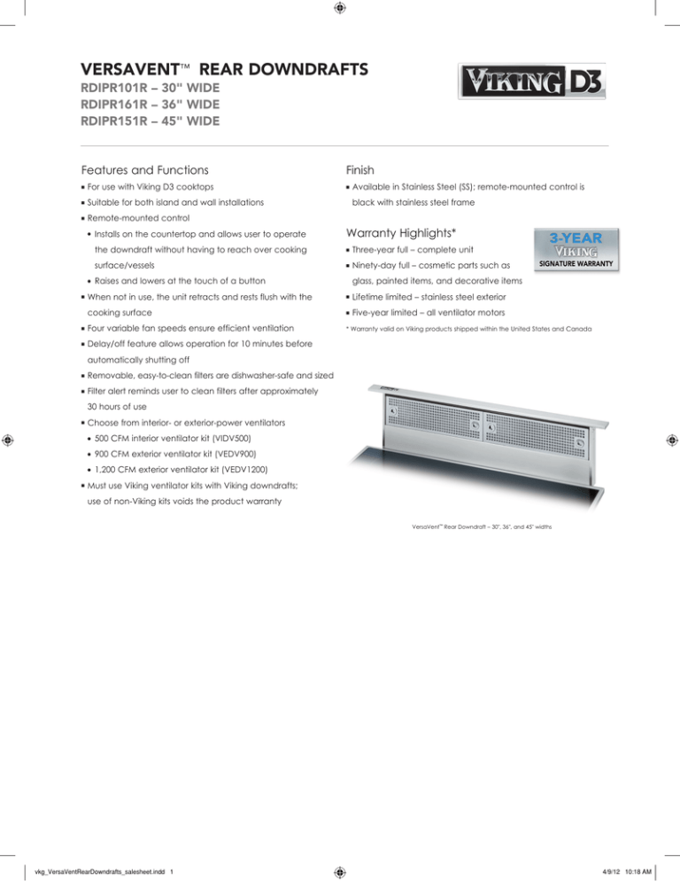 VersaVent rDIPr101r – 30" wIDe rDIPr161r – 36" wIDe rDIPr151r – 45" wIDe VersaVent rDIPr101r – 30" wIDe rDIPr161r – 36" wIDe rDIPr151r – 45" wIDe