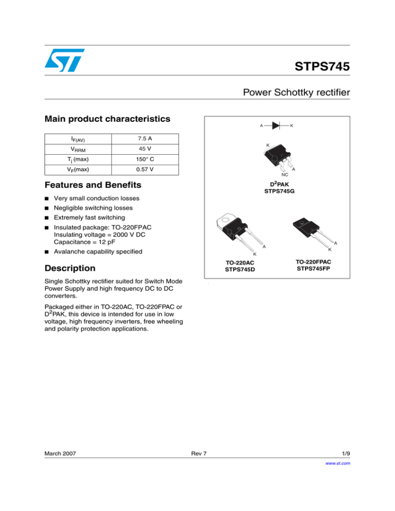STPS745 Power Schottky rectifier Main product characteristics Features and Benefits STPS745 Power Schottky rectifier Main product characteristics Features and Benefits