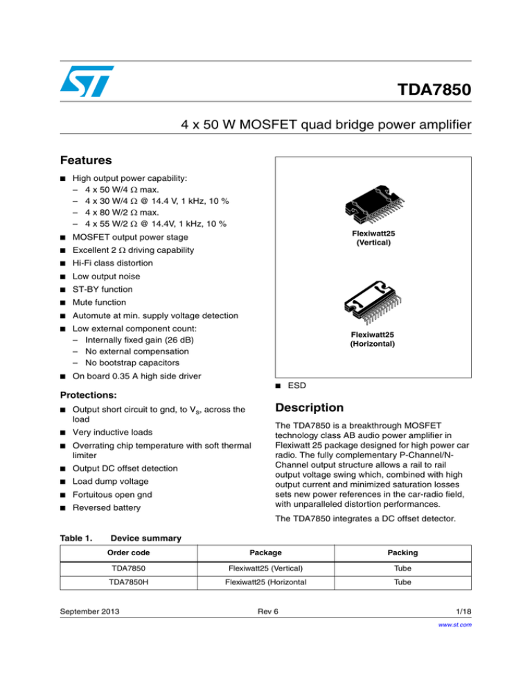 TDA7850 4 x 50 W MOSFET quad bridge power amplifier Features TDA7850 4 x 50 W MOSFET quad bridge power amplifier Features