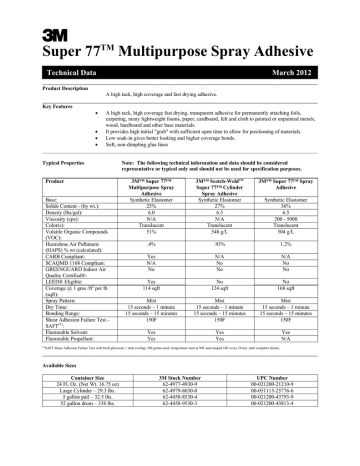 3M 7000000931 Super 77™ 24 oz. Super Spray Adhesive Specification | Manualzz