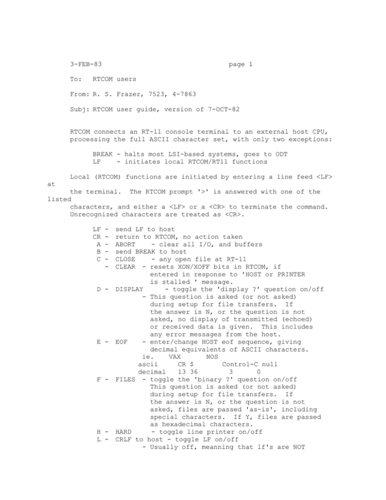 3-FEB-83 page 1 To: RTCOM users 3-FEB-83 page 1 To: RTCOM users