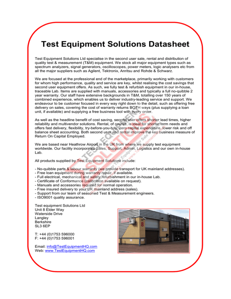 Test Equipment Solutions Datasheet Test Equipment Solutions Datasheet