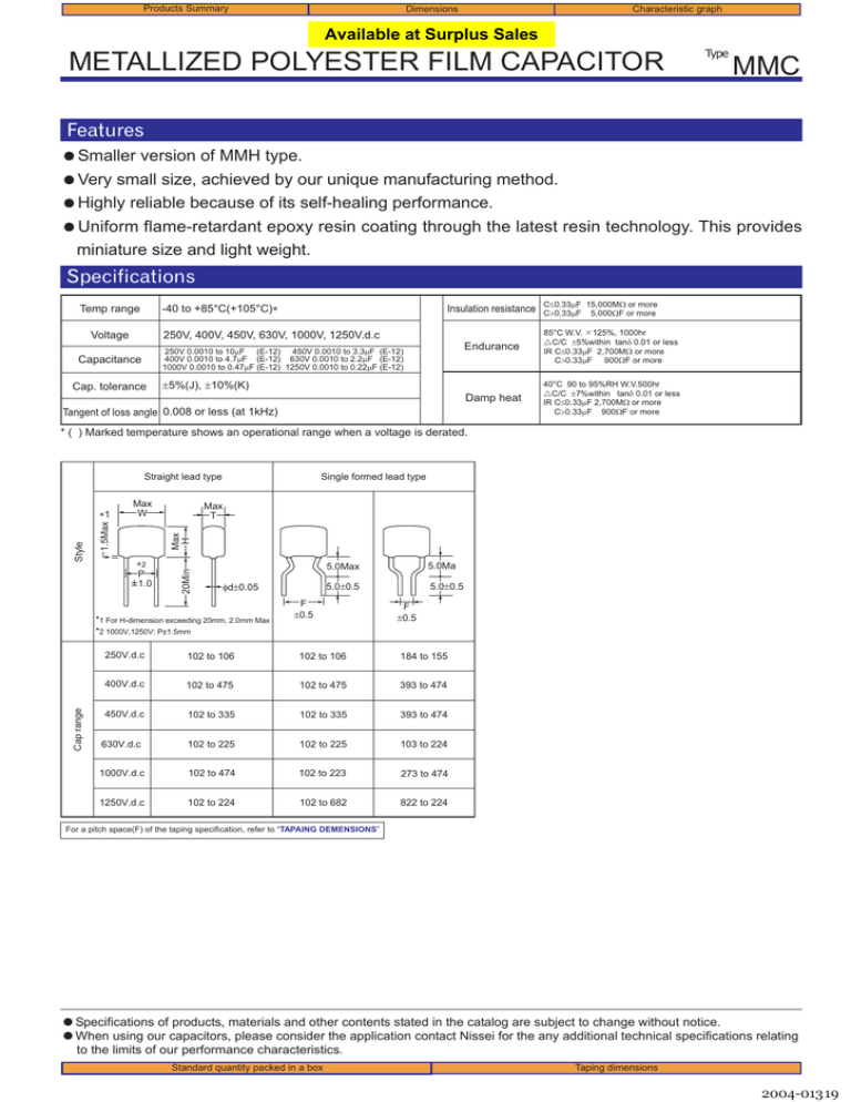 METALLIZED POLYESTER FILM CAPACITOR MMC Features Specifications METALLIZED POLYESTER FILM CAPACITOR MMC Features Specifications