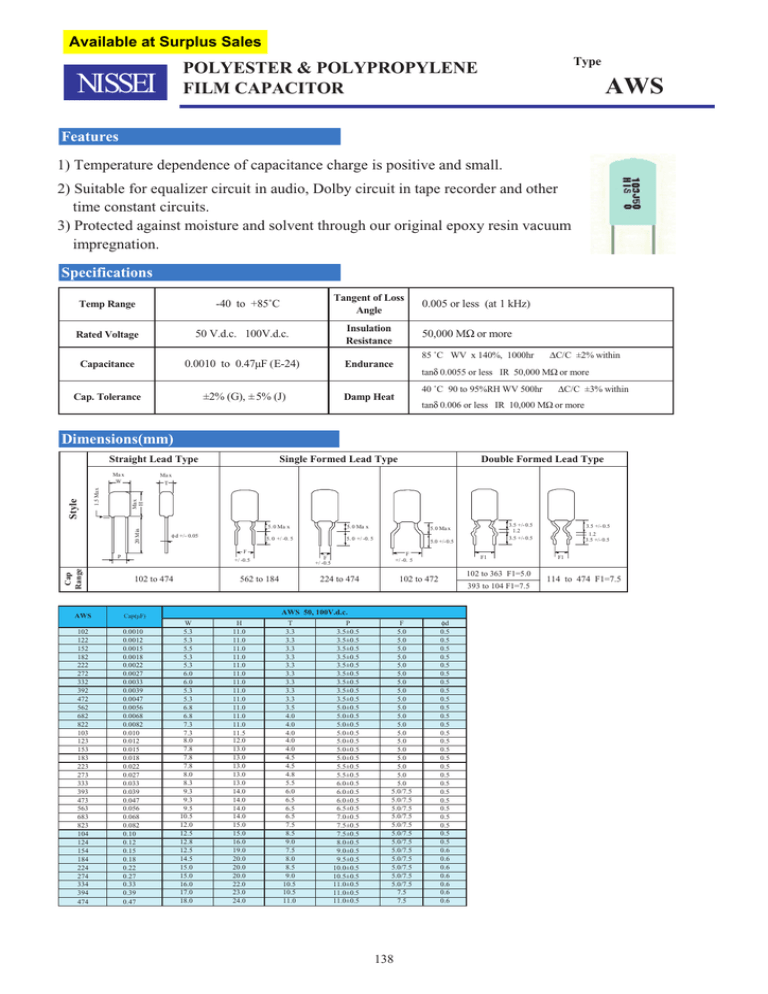 NISSEI AWS POLYESTER & POLYPROPYLENE FILM CAPACITOR NISSEI AWS POLYESTER & POLYPROPYLENE FILM CAPACITOR