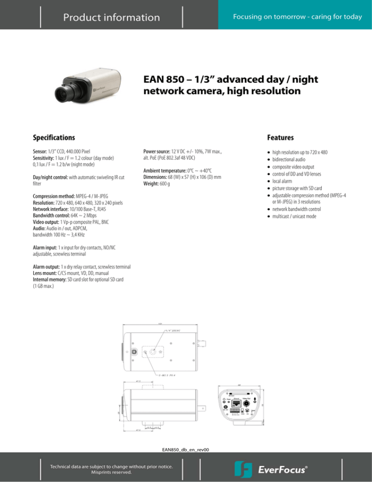 EAN 850 – 1/3” advanced day / night Specifications EAN 850 – 1/3” advanced day / night Specifications