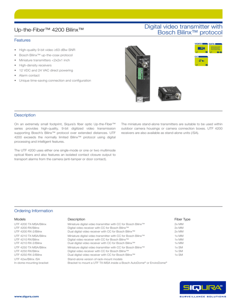 Digital video transmitter with Bosch Bilinx™ protocol Up-the-Fiber™ 4200 Bilinx™ Features Digital video transmitter with Bosch Bilinx™ protocol Up-the-Fiber™ 4200 Bilinx™ Features