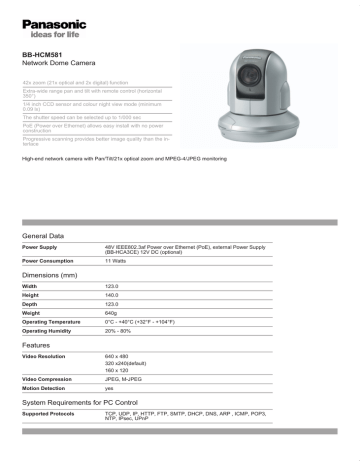 Download Panasonic BB HCM581 IP Dome cameras datasheet Download Panasonic BB HCM581 IP Dome cameras datasheet