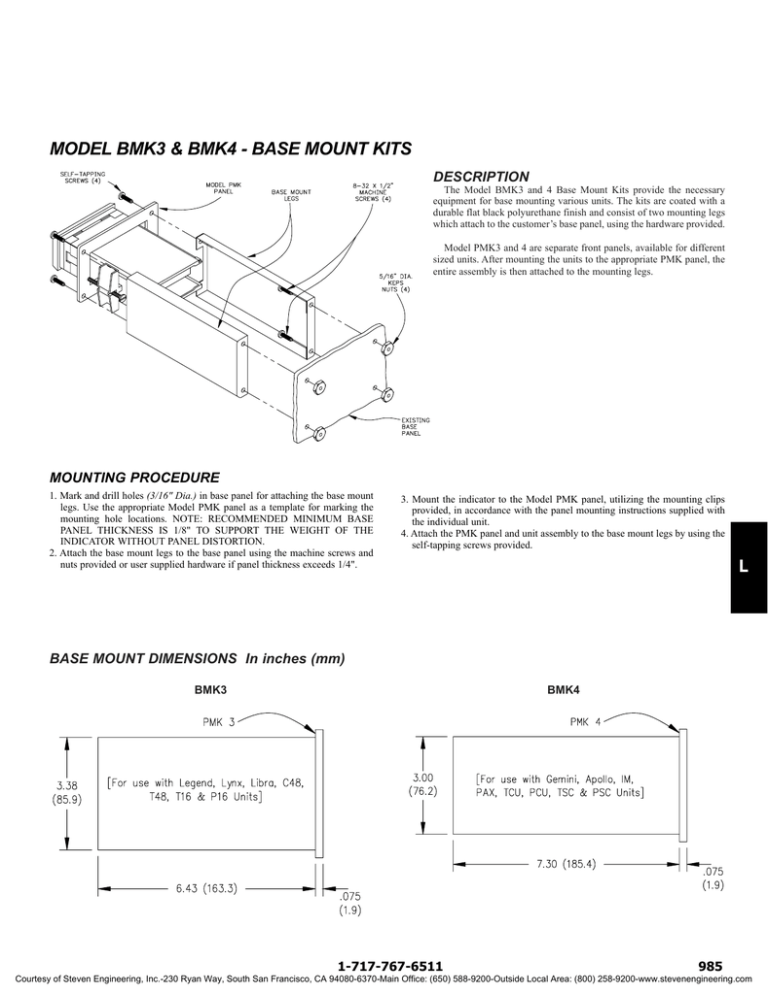 MODEL BMK3 & BMK4 - BASE MOUNT KITS DESCRIPTION MODEL BMK3 & BMK4 - BASE MOUNT KITS DESCRIPTION