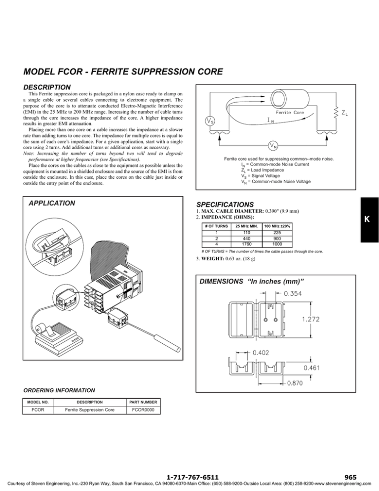 MODEL FCOR - FERRITE SUPPRESSION CORE DESCRIPTION MODEL FCOR - FERRITE SUPPRESSION CORE DESCRIPTION