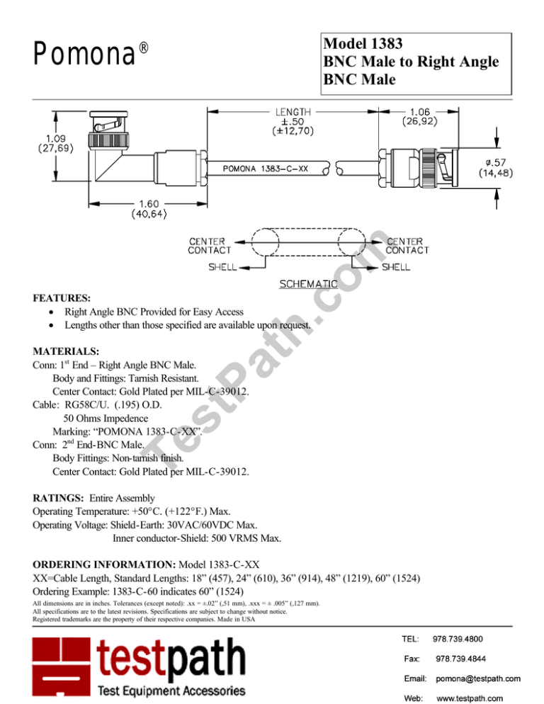 Pomona ® Model 1383 BNC Male to Right Angle Pomona ® Model 1383 BNC Male to Right Angle