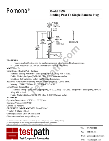 Pomona ® Model 2894 Binding Post To Single Banana Plug Pomona ® Model 2894 Binding Post To Single Banana Plug
