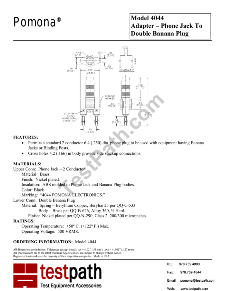 Pomona ® Model 4044 Adapter – Phone Jack To Pomona ® Model 4044 Adapter – Phone Jack To