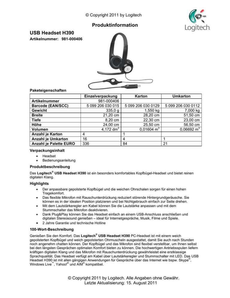 Datenblatt Logitech USB Stereo Headset H390 deutsch Datenblatt Logitech USB Stereo Headset H390 deutsch