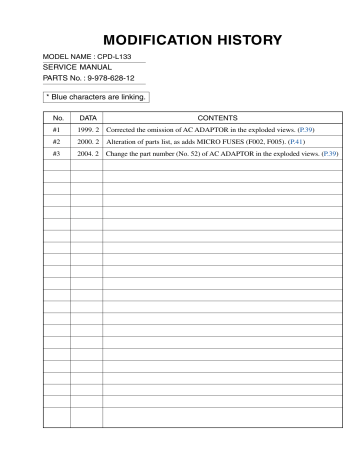 MODIFICATION HISTORY SERVICE MANUAL PARTS No. : 9-978-628-12 * Blue characters are linking. MODIFICATION HISTORY SERVICE MANUAL PARTS No. : 9-978-628-12 * Blue characters are linking.