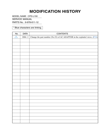 MODIFICATION HISTORY SERVICE MANUAL PARTS No. : 9-978-611-12 * Blue characters are linking. MODIFICATION HISTORY SERVICE MANUAL PARTS No. : 9-978-611-12 * Blue characters are linking.