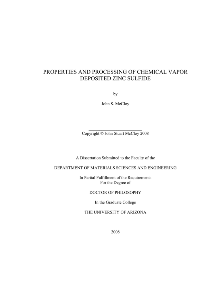 PROPERTIES AND PROCESSING OF CHEMICAL VAPOR DEPOSITED ZINC SULFIDE PROPERTIES AND PROCESSING OF CHEMICAL VAPOR DEPOSITED ZINC SULFIDE