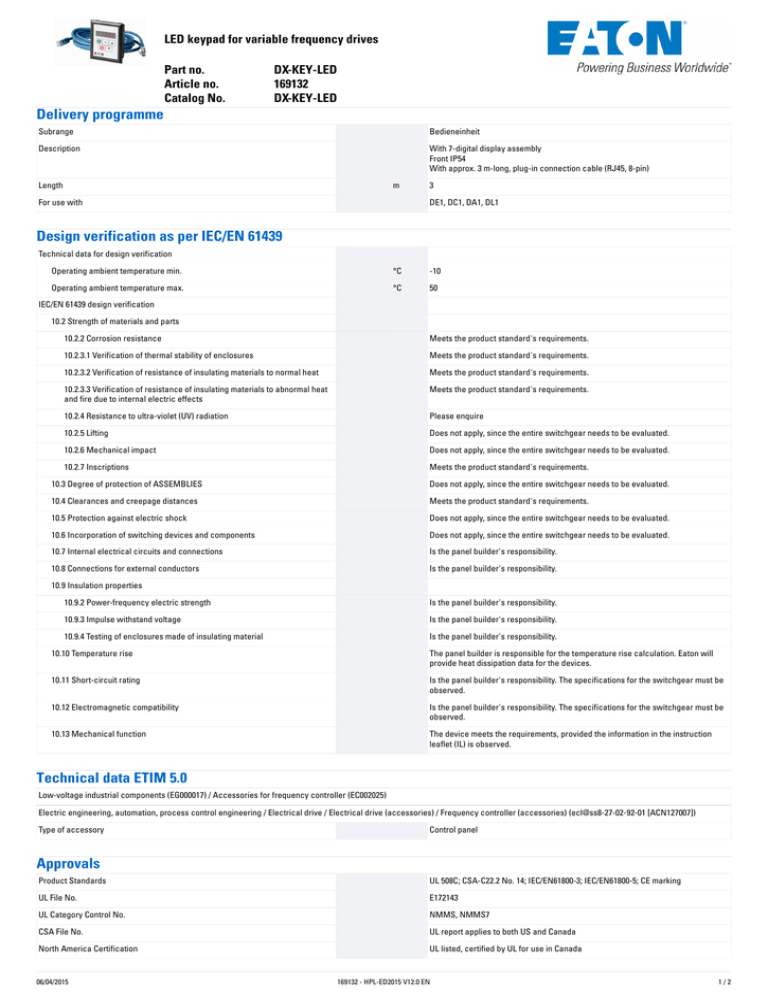 Delivery�programme LED�keypad�for�variable�frequency�drives Part�no. DX-KEY-LED Delivery�programme LED�keypad�for�variable�frequency�drives Part�no. DX-KEY-LED