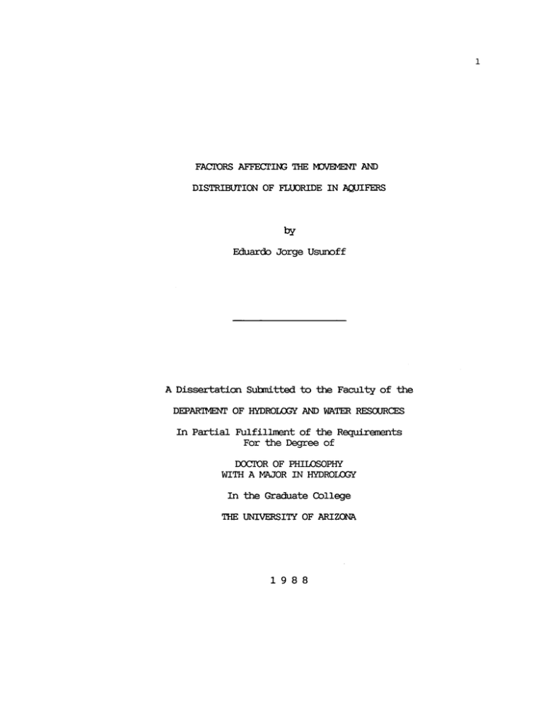 FACTORS AFFECTING THE NEVEMENT AND DISTRIBUTION Of FLUORIDE IN ACOIFERS by FACTORS AFFECTING THE NEVEMENT AND DISTRIBUTION Of FLUORIDE IN ACOIFERS by
