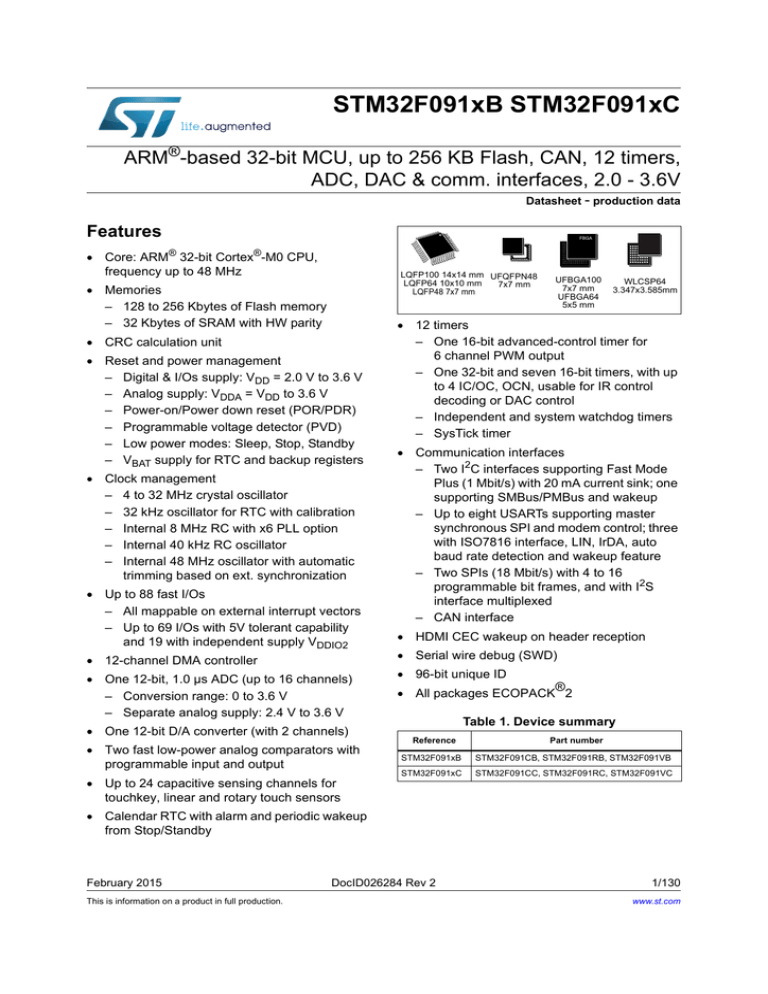 STM32F091xB STM32F091xC ARM ADC, DAC & comm. interfaces, 2.0 - 3.6V STM32F091xB STM32F091xC ARM ADC, DAC & comm. interfaces, 2.0 - 3.6V