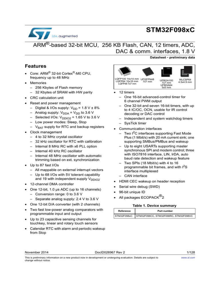 STM32F098xC ARM -based 32-bit MCU, 256 KB Flash, CAN, 12 timers,... DAC & comm. interfaces, 1.8 V STM32F098xC ARM -based 32-bit MCU, 256 KB Flash, CAN, 12 timers,... DAC & comm. interfaces, 1.8 V