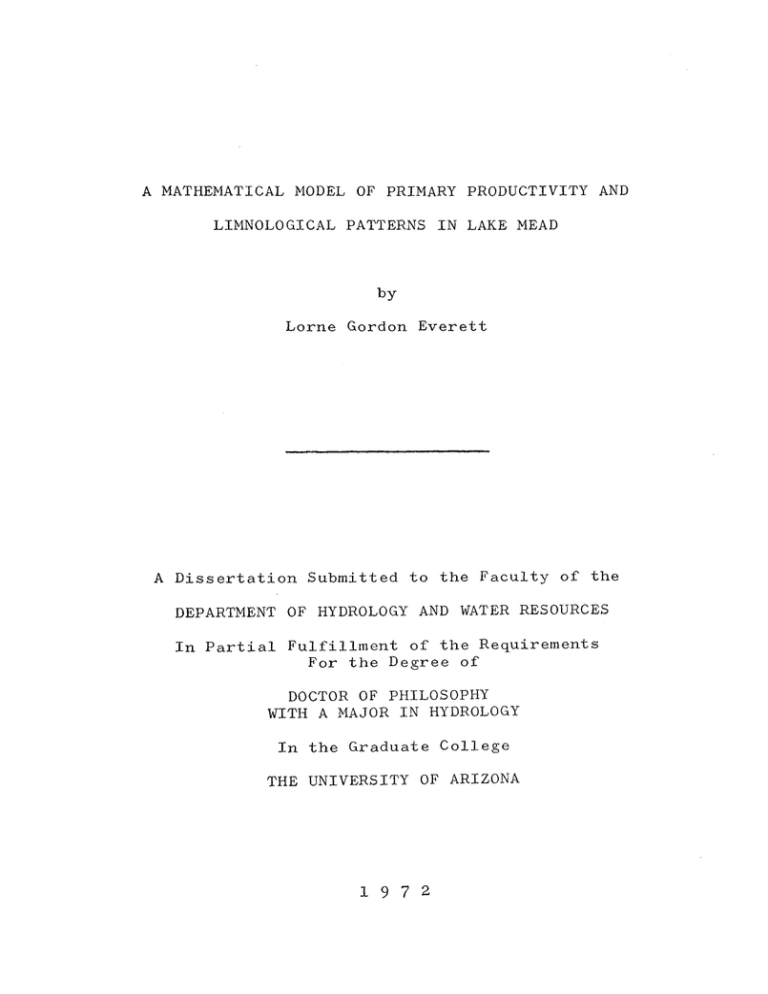 A MATHEMATICAL MODEL OF PRIMARY PRODUCTIVITY AND by Lorne Gordon Everett A MATHEMATICAL MODEL OF PRIMARY PRODUCTIVITY AND by Lorne Gordon Everett