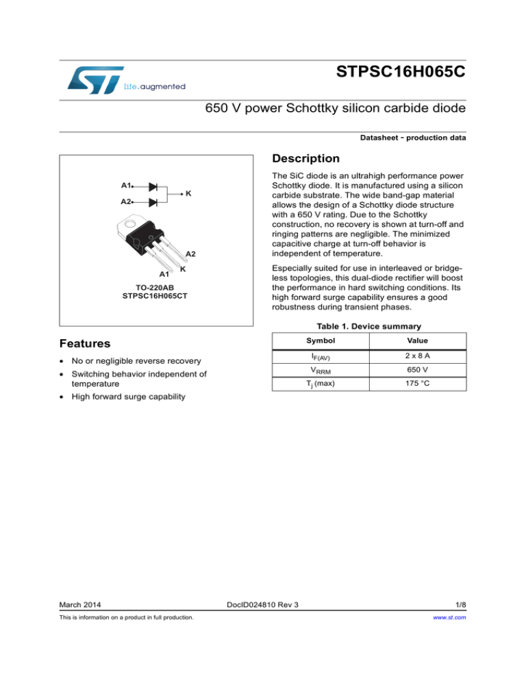 STPSC16H065C 650 V power Schottky silicon carbide diode Description - STPSC16H065C 650 V power Schottky silicon carbide diode Description -