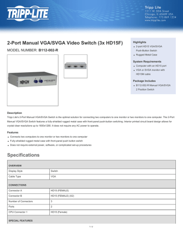 2-Port Manual VGA/SVGA Video Switch (3x HD15F)  B112-002-R Highlights | Manualzz