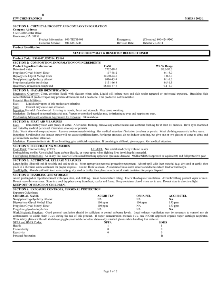 ITW CHEMTRONICS MSDS # 2003L ITW CHEMTRONICS MSDS # 2003L