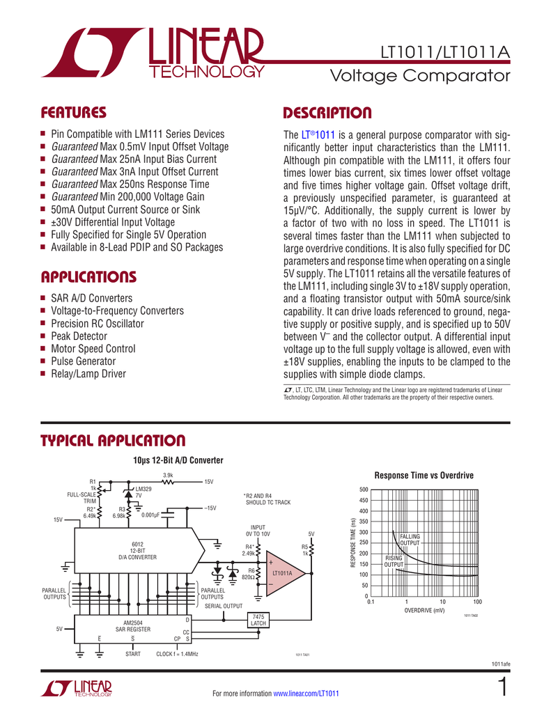 LT1011 LT1011A Voltage Comparator DescripTion FeaTures Manualzz