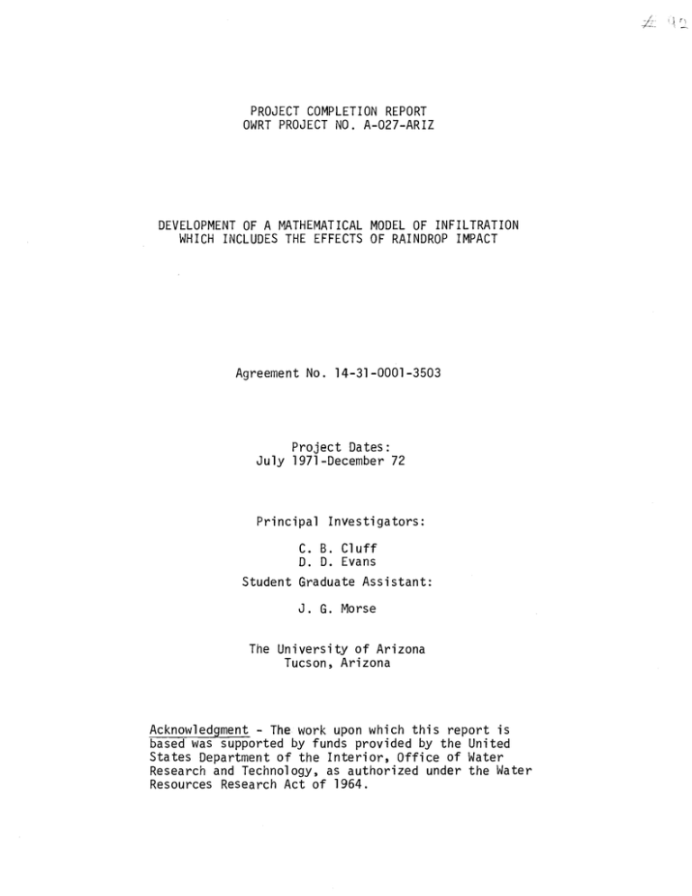 PROJECT COMPLETION REPORT DEVELOPMENT OF A MATHEMATICAL MODEL OF INFILTRATION PROJECT COMPLETION REPORT DEVELOPMENT OF A MATHEMATICAL MODEL OF INFILTRATION