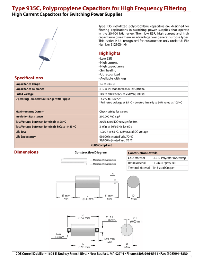 Type 935C, Polypropylene Capacitors for High Frequency Filtering Type 935C, Polypropylene Capacitors for High Frequency Filtering