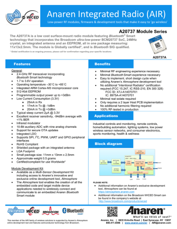 Anaren Integrated Radio (AIR) A20737 Module Series Anaren Integrated Radio (AIR) A20737 Module Series