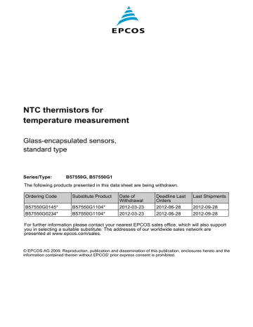 NTC thermistors for temperature measurement Glass-encapsulated sensors, standard type NTC thermistors for temperature measurement Glass-encapsulated sensors, standard type