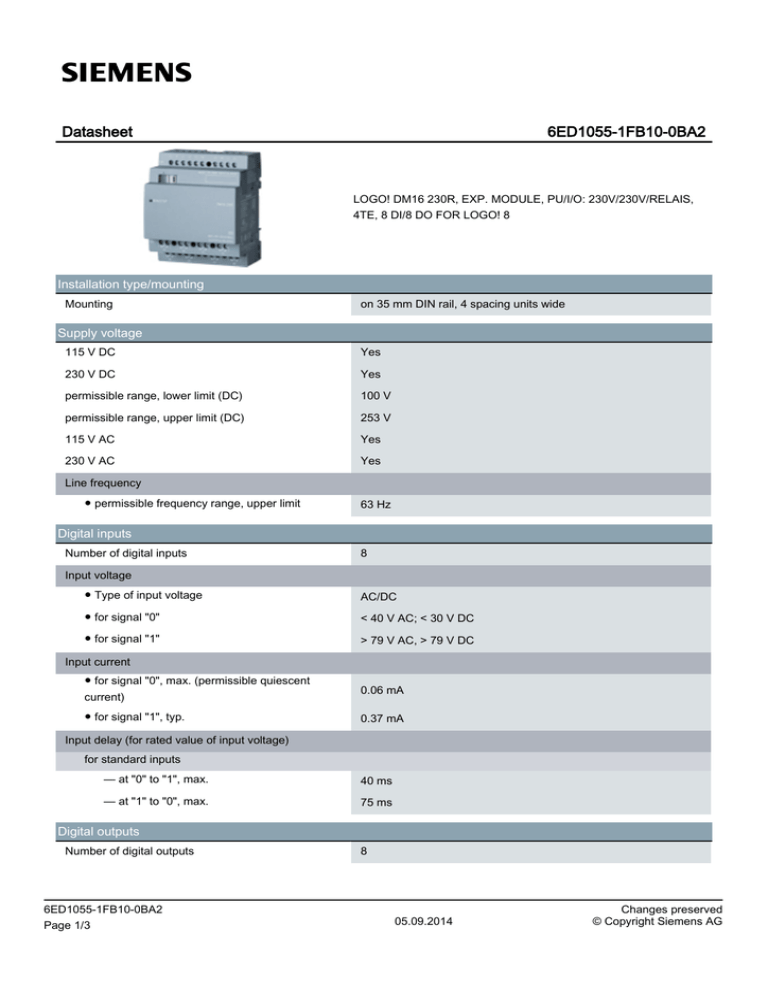 Datasheet 6ED1055-1FB10-0BA2 Installation type/mounting Datasheet 6ED1055-1FB10-0BA2 Installation type/mounting