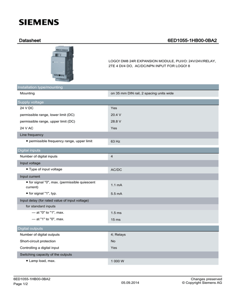 Datasheet 6ED1055-1HB00-0BA2 Installation type/mounting Datasheet 6ED1055-1HB00-0BA2 Installation type/mounting