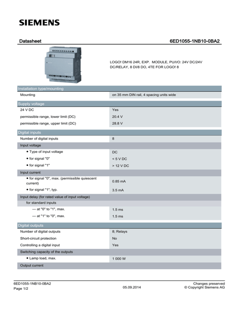 Datasheet 6ED1055-1NB10-0BA2 Installation type/mounting Datasheet 6ED1055-1NB10-0BA2 Installation type/mounting