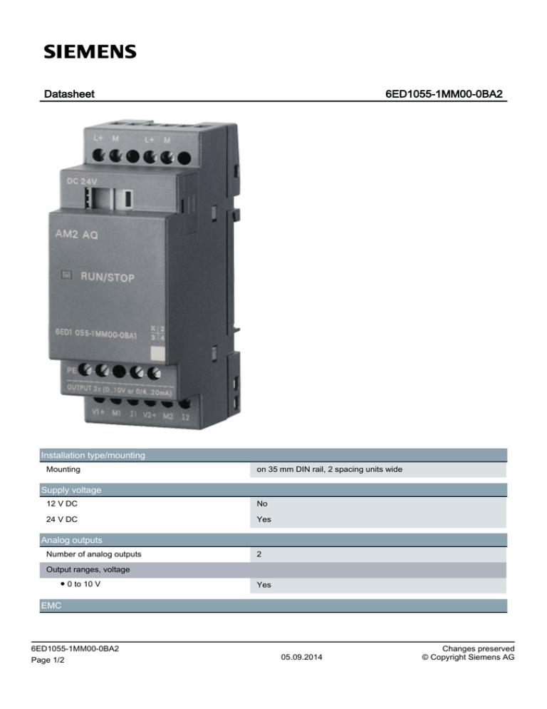Datasheet 6ED1055-1MM00-0BA2 Installation type/mounting Supply voltage Datasheet 6ED1055-1MM00-0BA2 Installation type/mounting Supply voltage