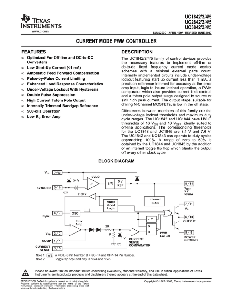 CURRENT MODE PWM CONTROLLER UC1842/3/4/5 UC2842/3/4/5 UC3842/3/4/5 CURRENT MODE PWM CONTROLLER UC1842/3/4/5 UC2842/3/4/5 UC3842/3/4/5