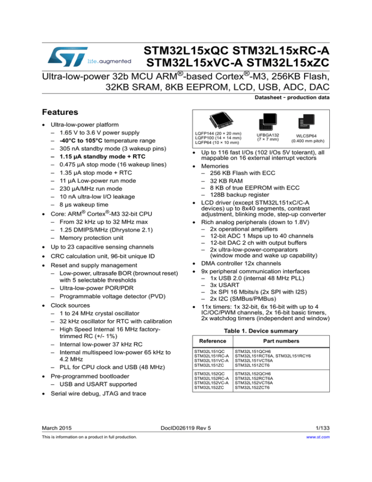 STM32L15xQC STM32L15xRC-A STM32L15xVC-A STM32L15xZC Ultra-low-power 32b MCU ARM -based Cortex STM32L15xQC STM32L15xRC-A STM32L15xVC-A STM32L15xZC Ultra-low-power 32b MCU ARM -based Cortex