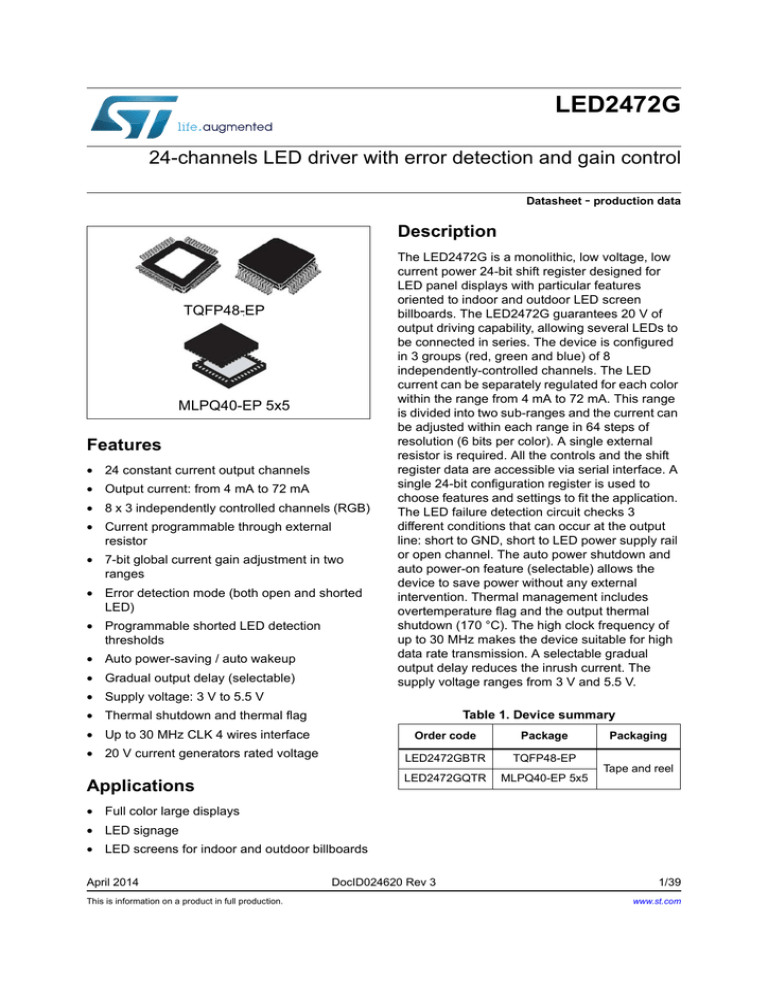 LED2472G 24-channels LED driver with error detection and gain control Description - LED2472G 24-channels LED driver with error detection and gain control Description -