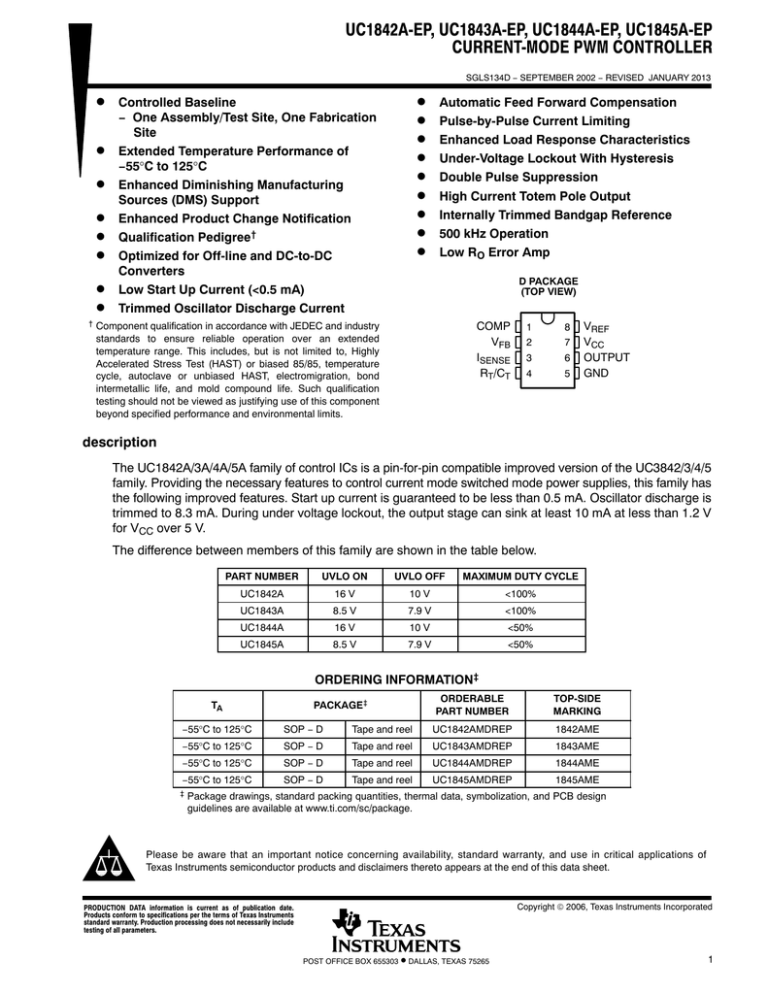 UC1842A-EP, UC1843A-EP, UC1844A-EP, UC1845A-EP CURRENT-MODE PWM CONTROLLER D UC1842A-EP, UC1843A-EP, UC1844A-EP, UC1845A-EP CURRENT-MODE PWM CONTROLLER D