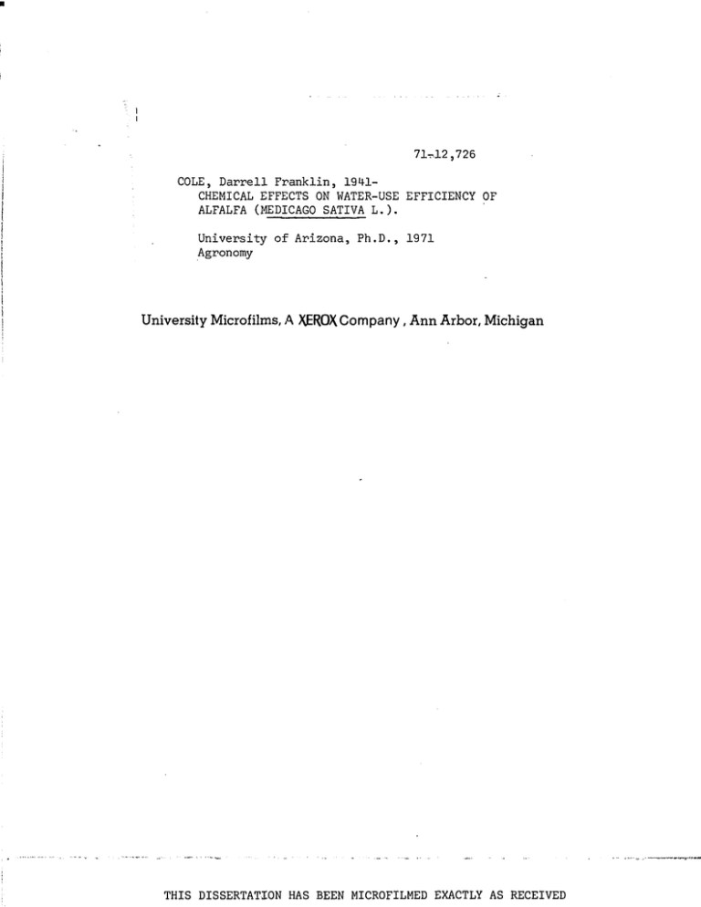 71 12,726 COLE, Darrell Franklin, 1941- CHEMICAL EFFECTS ON WATER-USE EFFICIENCY OF 71 12,726 COLE, Darrell Franklin, 1941- CHEMICAL EFFECTS ON WATER-USE EFFICIENCY OF